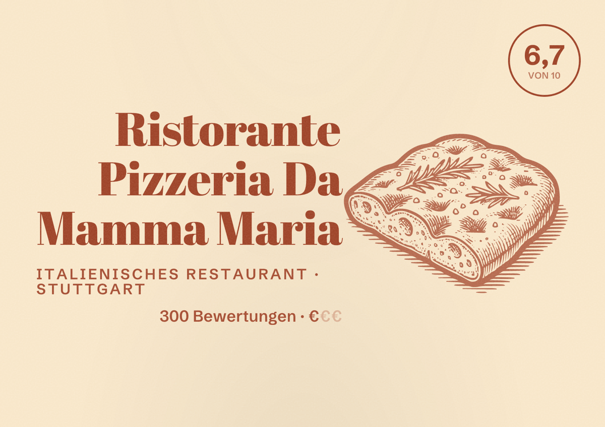 Illustriertes Poster von Ristorante Pizzeria Da Mamma Maria, Italienisches Restaurant in Stuttgart: Bewertung 6,7 von 10 aus 300 Bewertungen, Preisniveau €