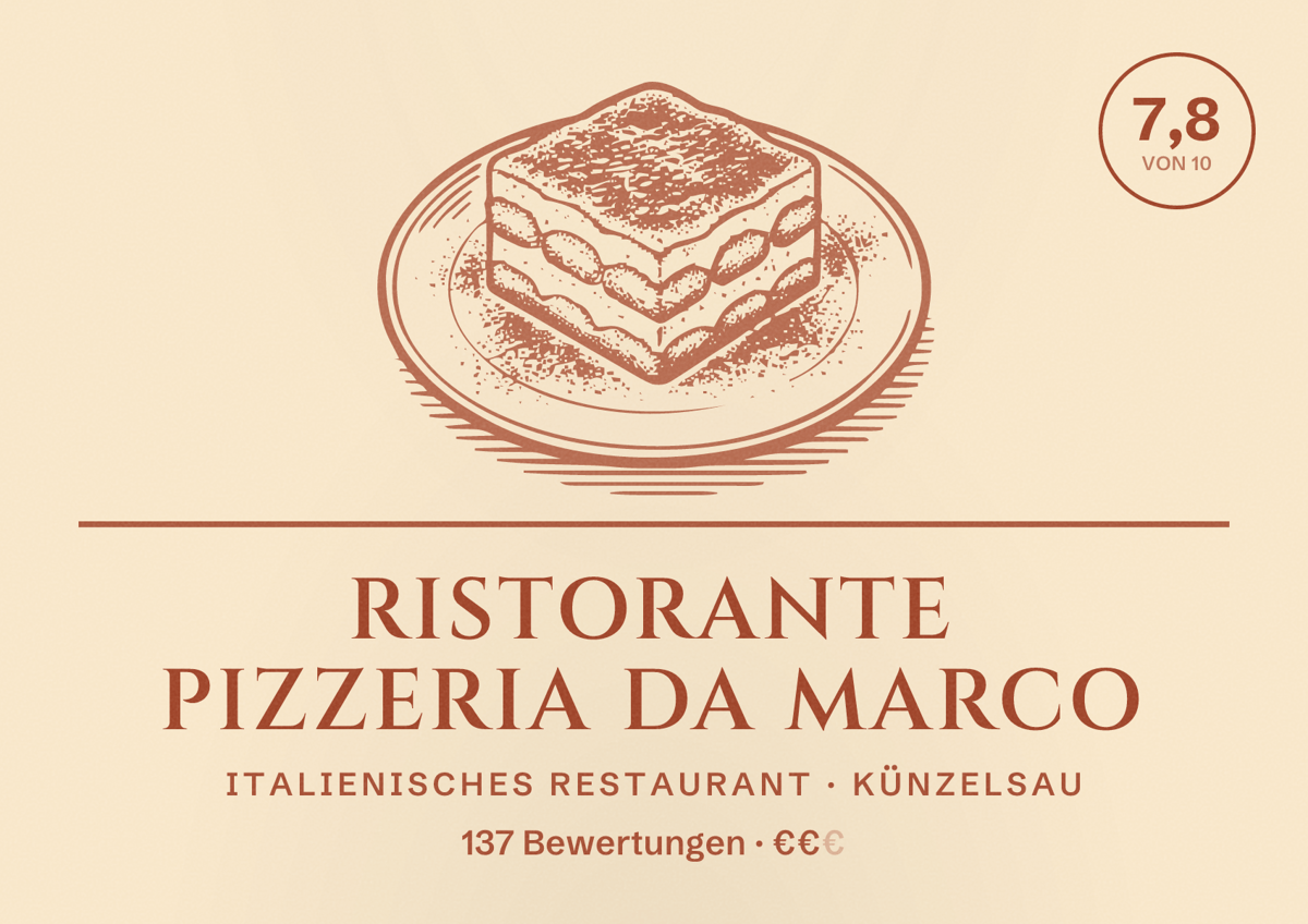 Illustriertes Poster von Ristorante Pizzeria Da Marco, Italienisches Restaurant in Künzelsau: Bewertung 7,8 von 10 aus 137 Bewertungen, Preisniveau €€
