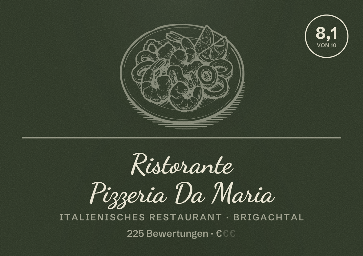 Illustriertes Poster von Ristorante Pizzeria Da Maria, Italienisches Restaurant in Brigachtal: Bewertung 8,1 von 10 aus 225 Bewertungen, Preisniveau €