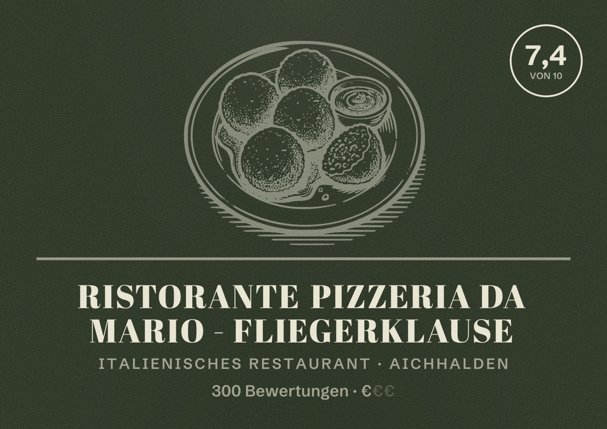 Illustriertes Poster von Ristorante Pizzeria Da Mario - Fliegerklause, Italienisches Restaurant in Aichhalden: Bewertung 7,4 von 10 aus 300 Bewertungen, Preisniveau €