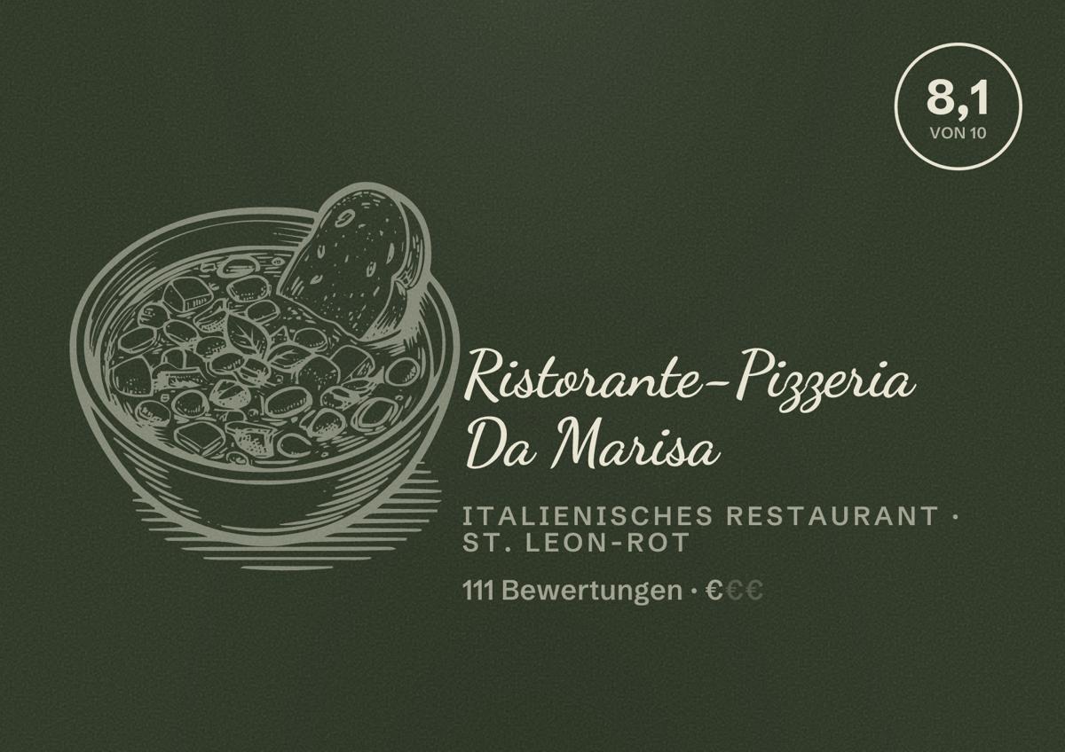 Illustriertes Poster von Ristorante-Pizzeria Da Marisa, Italienisches Restaurant in St. Leon-Rot: Bewertung 8,1 von 10 aus 111 Bewertungen, Preisniveau €