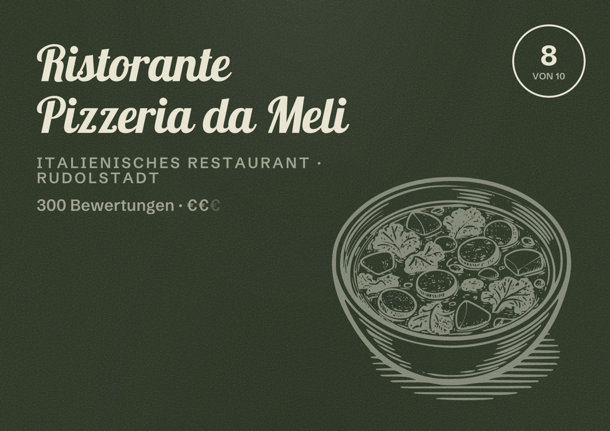 Illustriertes Poster von Ristorante Pizzeria da Meli, Italienisches Restaurant in Rudolstadt: Bewertung 8 von 10 aus 300 Bewertungen, Preisniveau €€