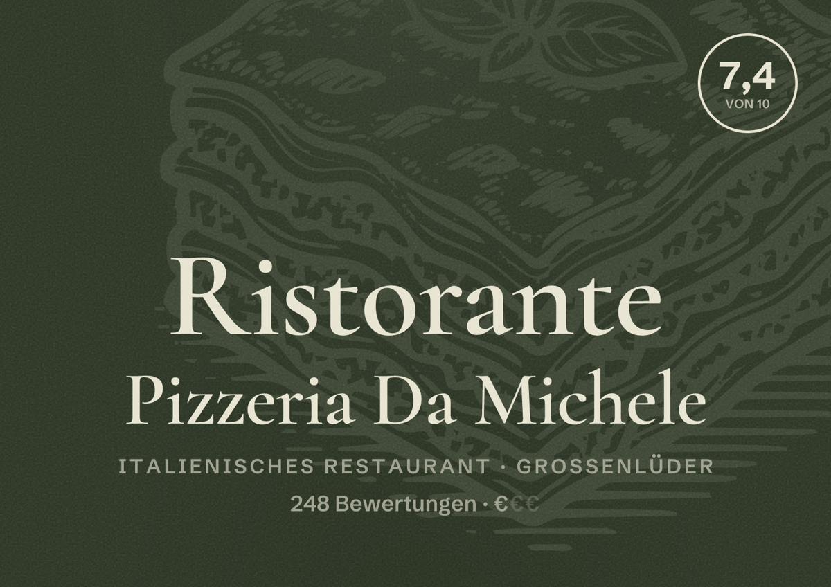 Illustriertes Poster von Ristorante Pizzeria Da Michele, Italienisches Restaurant in Großenlüder: Bewertung 7,4 von 10 aus 248 Bewertungen, Preisniveau €