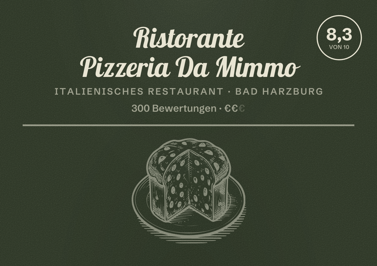 Illustriertes Poster von Ristorante Pizzeria Da Mimmo, Italienisches Restaurant in Bad Harzburg: Bewertung 8,3 von 10 aus 300 Bewertungen, Preisniveau €€
