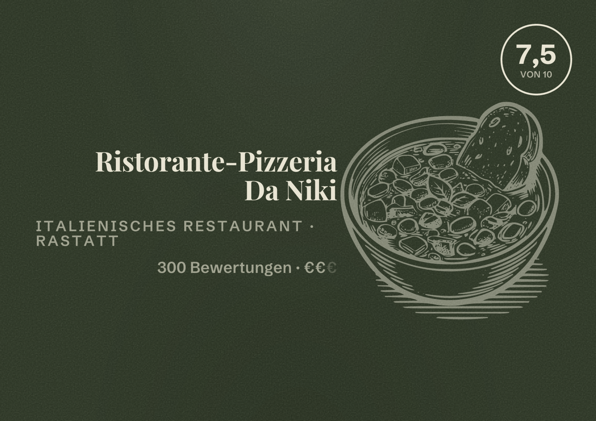 Illustriertes Poster von Ristorante-Pizzeria Da Niki, Italienisches Restaurant in Rastatt: Bewertung 7,5 von 10 aus 300 Bewertungen, Preisniveau €€