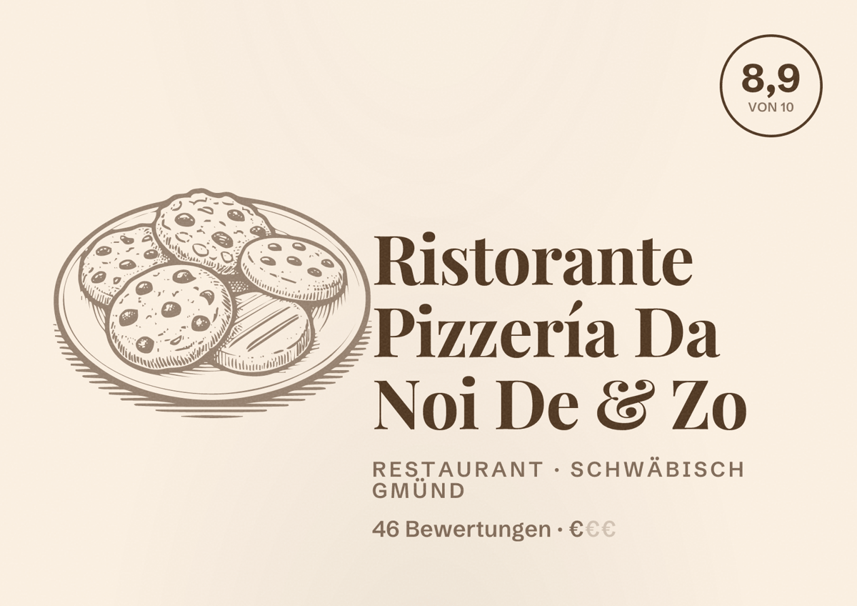 Illustriertes Poster von Ristorante Pizzería Da Noi De & Zo, Restaurant in Schwäbisch Gmünd: Bewertung 8,9 von 10 aus 46 Bewertungen, Preisniveau €