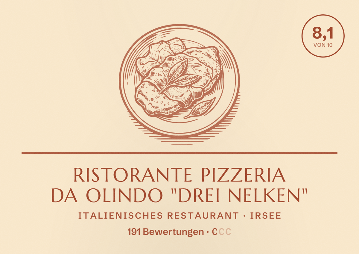 Illustriertes Poster von Ristorante Pizzeria Da Olindo "Drei Nelken", Italienisches Restaurant in Irsee: Bewertung 8,1 von 10 aus 191 Bewertungen, Preisniveau €