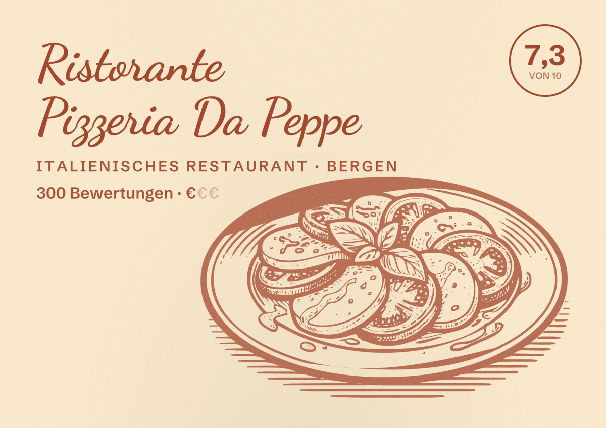 Illustriertes Poster von Ristorante Pizzeria Da Peppe, Italienisches Restaurant in Bergen: Bewertung 7,3 von 10 aus 300 Bewertungen, Preisniveau €