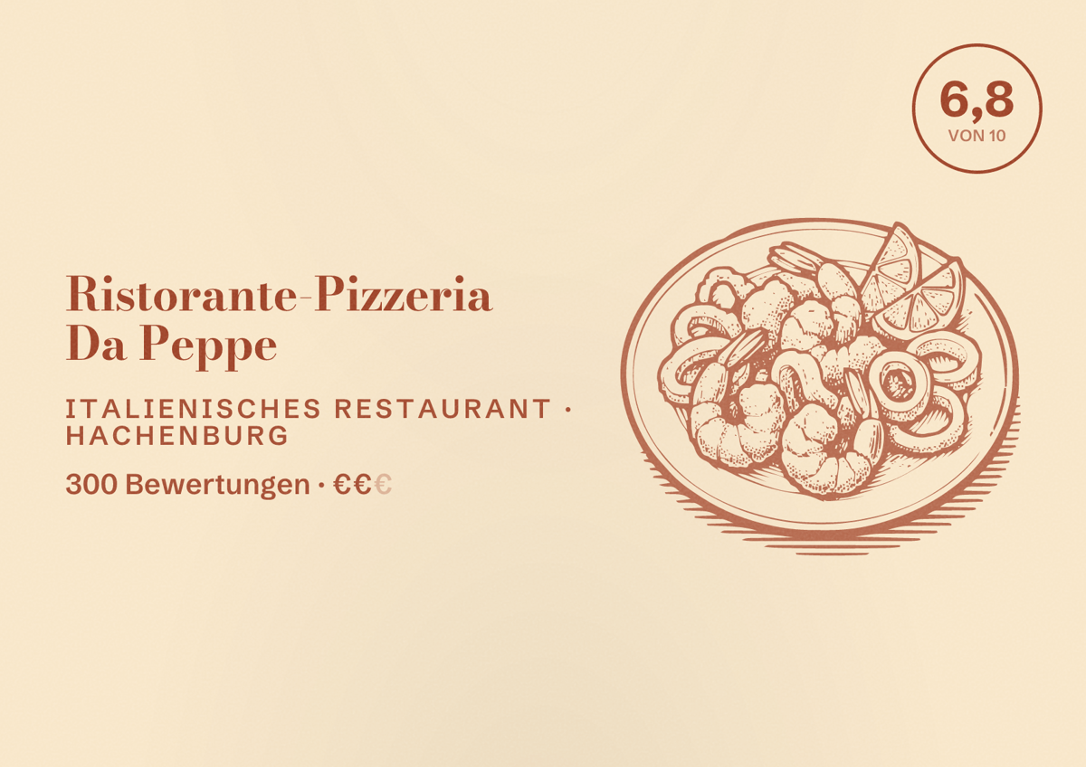 Illustriertes Poster von Ristorante-Pizzeria Da Peppe, Italienisches Restaurant in Hachenburg: Bewertung 6,8 von 10 aus 300 Bewertungen, Preisniveau €€