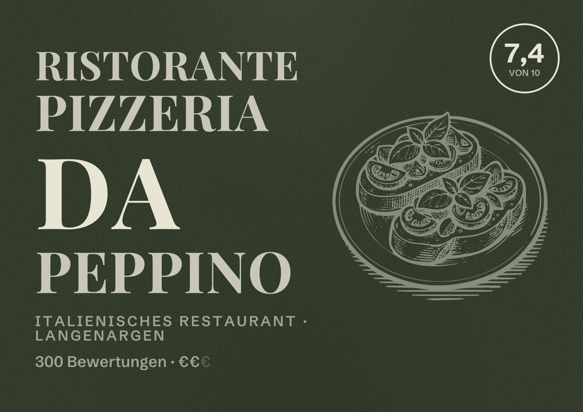 Illustriertes Poster von Ristorante Pizzeria Da Peppino, Italienisches Restaurant in Langenargen: Bewertung 7,4 von 10 aus 300 Bewertungen, Preisniveau €€