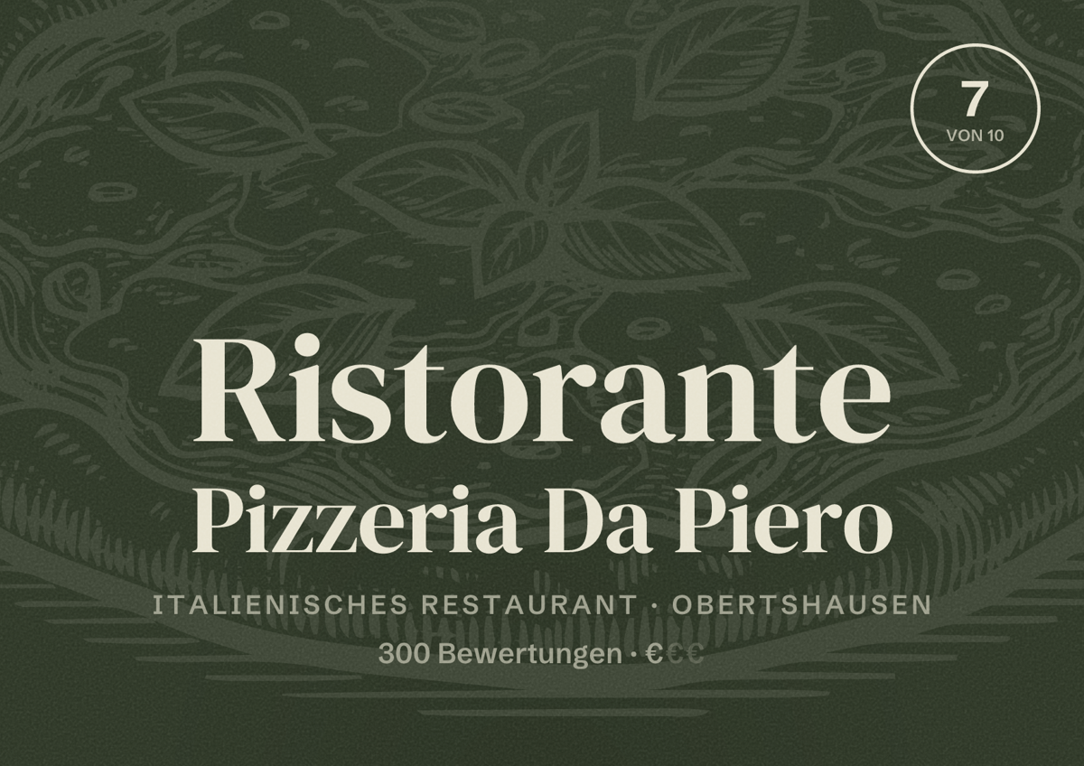 Illustriertes Poster von Ristorante Pizzeria Da Piero, Italienisches Restaurant in Obertshausen: Bewertung 7 von 10 aus 300 Bewertungen, Preisniveau €