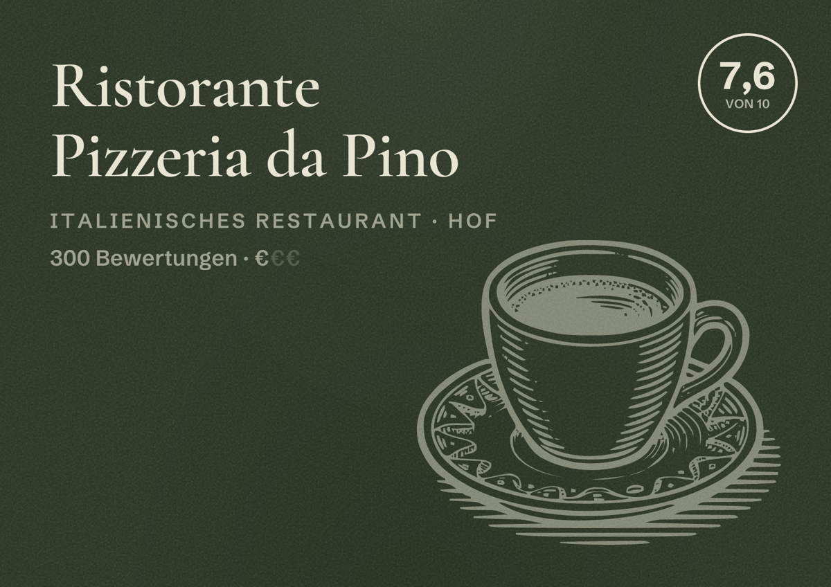 Illustriertes Poster von Ristorante Pizzeria da Pino, Italienisches Restaurant in Hof: Bewertung 7,6 von 10 aus 300 Bewertungen, Preisniveau €