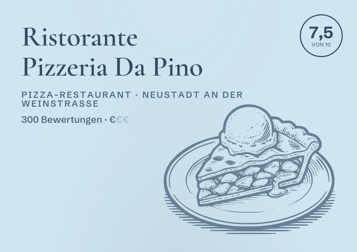 Illustriertes Poster von Ristorante Pizzeria Da Pino, Pizza-Restaurant in Neustadt an der Weinstraße: Bewertung 7,5 von 10 aus 300 Bewertungen, Preisniveau €