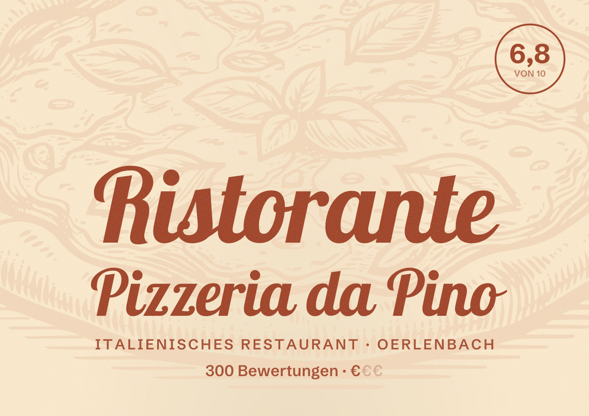 Illustriertes Poster von Ristorante Pizzeria da Pino, Italienisches Restaurant in Oerlenbach: Bewertung 6,8 von 10 aus 300 Bewertungen, Preisniveau €