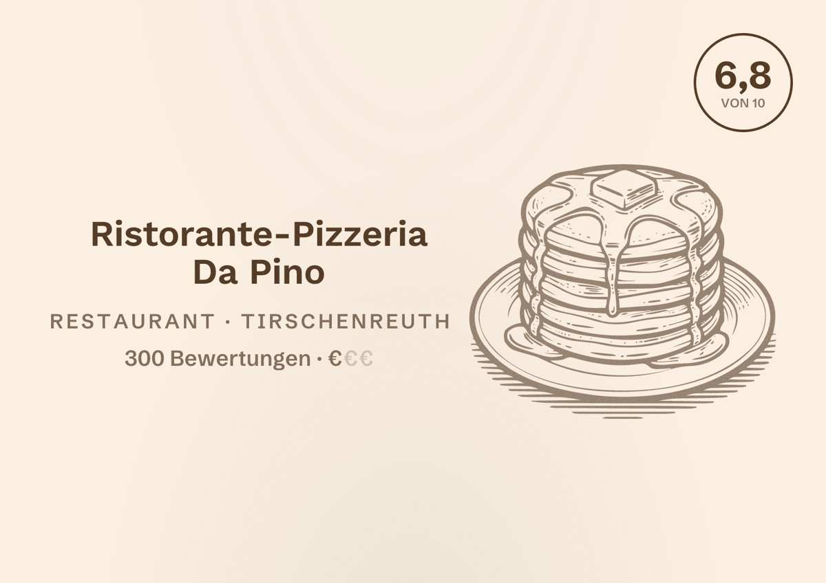 Illustriertes Poster von Ristorante-Pizzeria Da Pino, Restaurant in Tirschenreuth: Bewertung 6,8 von 10 aus 300 Bewertungen, Preisniveau €