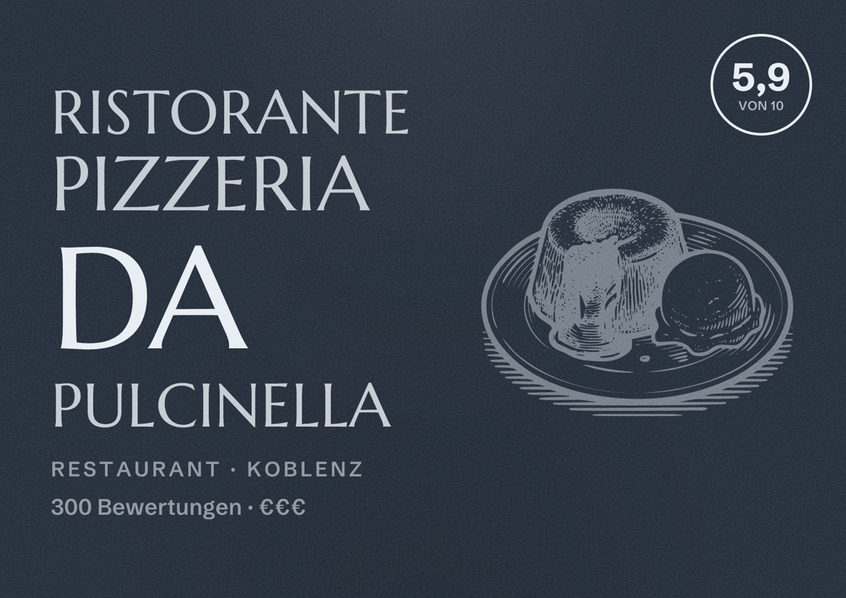 Illustriertes Poster von Ristorante Pizzeria da Pulcinella, Restaurant in Koblenz: Bewertung 5,9 von 10 aus 300 Bewertungen, Preisniveau €€€