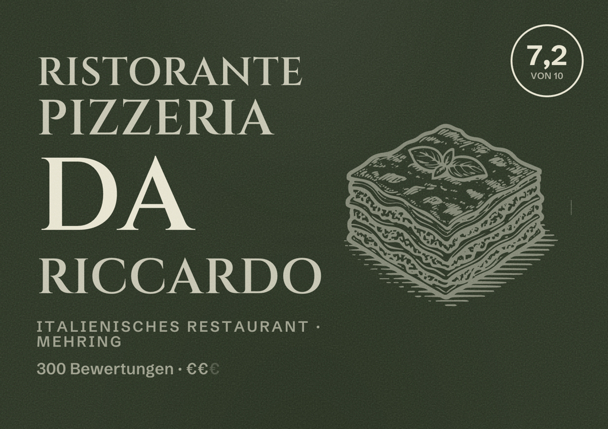 Illustriertes Poster von Ristorante Pizzeria Da Riccardo, Italienisches Restaurant in Mehring: Bewertung 7,2 von 10 aus 300 Bewertungen, Preisniveau €€