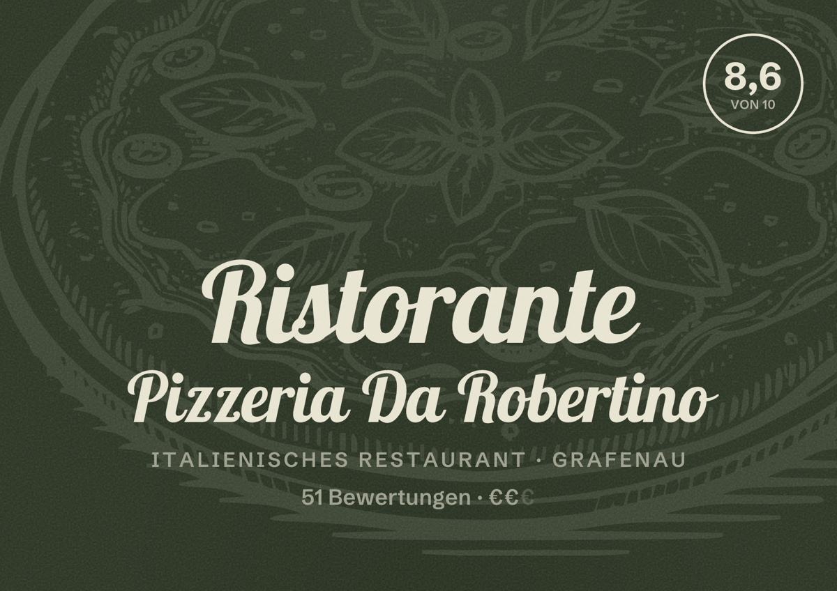 Illustriertes Poster von Ristorante Pizzeria Da Robertino, Italienisches Restaurant in Grafenau: Bewertung 8,6 von 10 aus 51 Bewertungen, Preisniveau €€