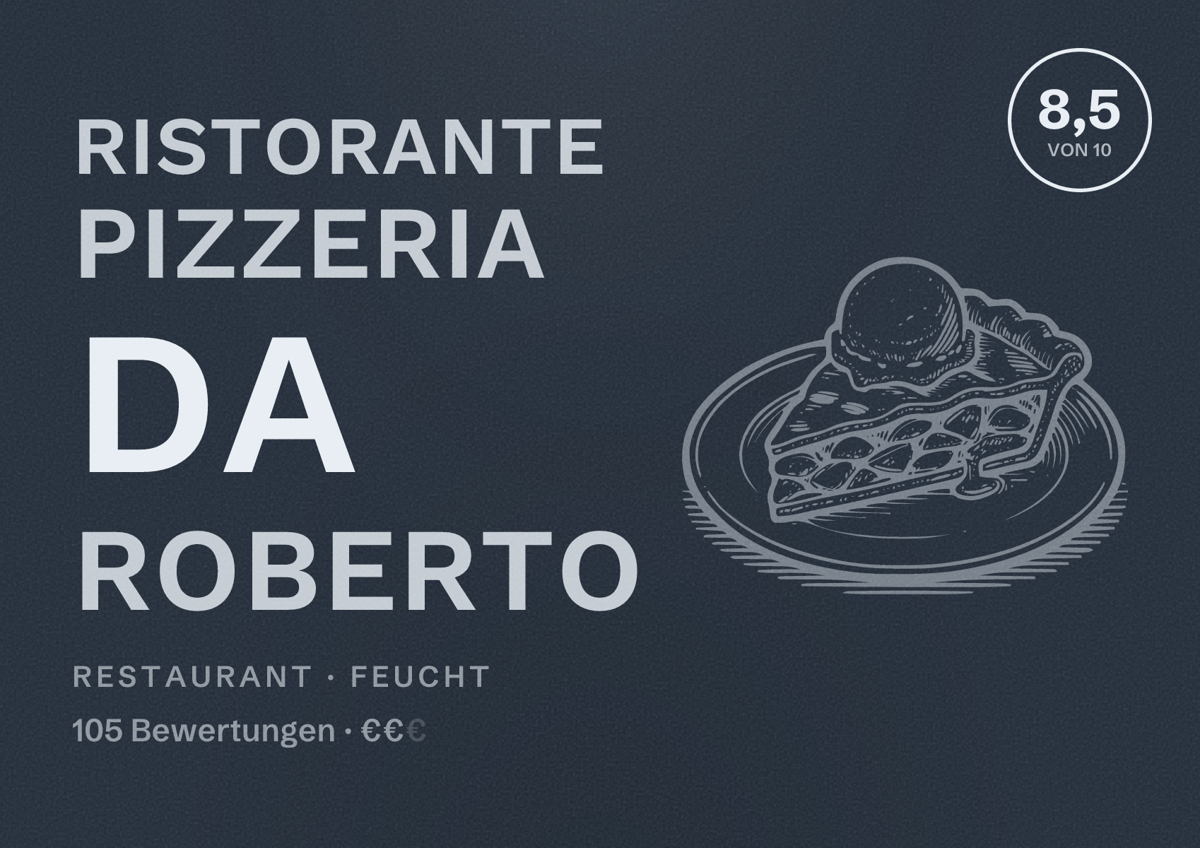 Illustriertes Poster von Ristorante Pizzeria da Roberto, Restaurant in Feucht: Bewertung 8,5 von 10 aus 105 Bewertungen, Preisniveau €€