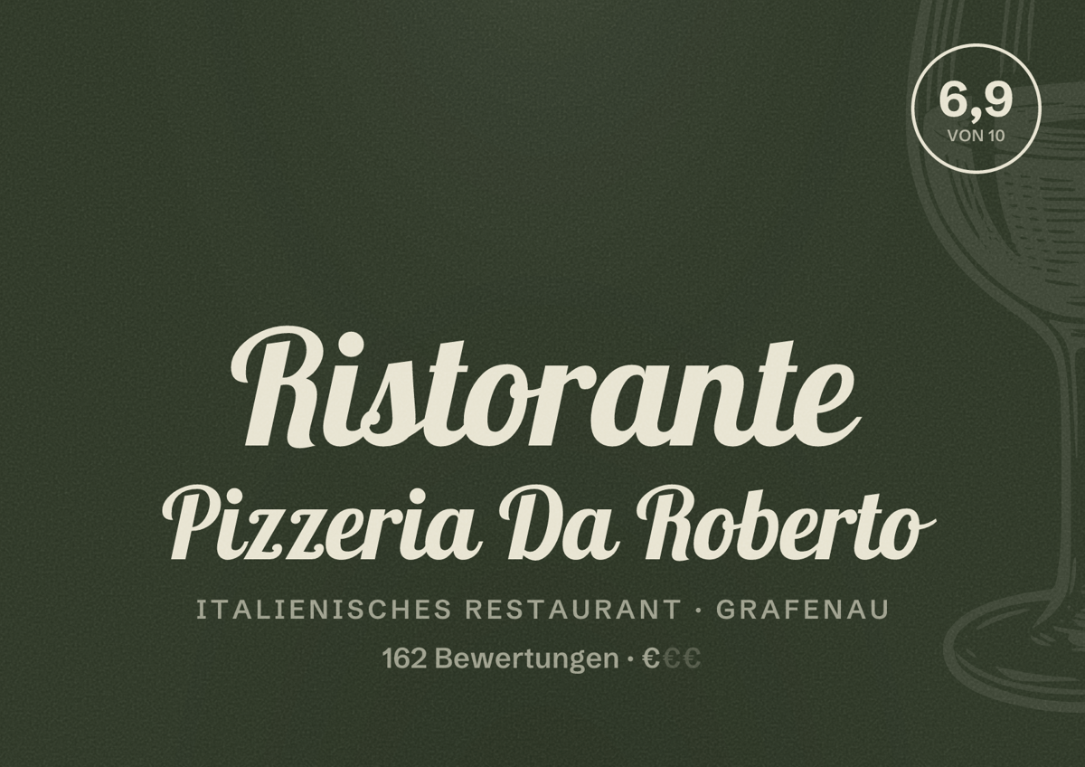 Illustriertes Poster von Ristorante Pizzeria Da Roberto, Italienisches Restaurant in Grafenau: Bewertung 6,9 von 10 aus 162 Bewertungen, Preisniveau €