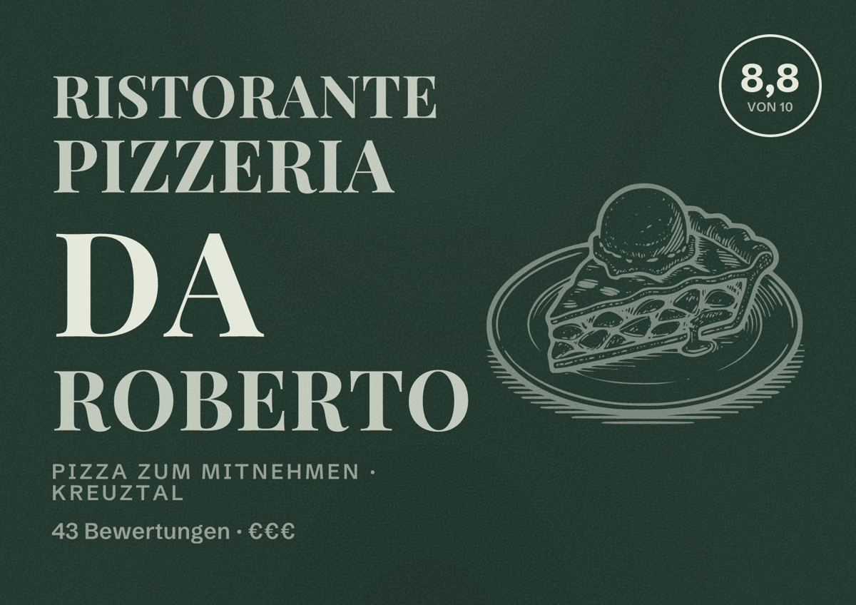 Illustriertes Poster von Ristorante Pizzeria da Roberto, Pizza zum Mitnehmen in Kreuztal: Bewertung 8,8 von 10 aus 43 Bewertungen, Preisniveau €€€