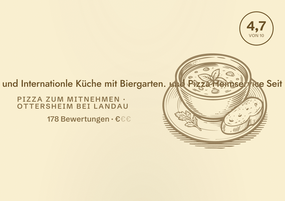Illustriertes Poster von Ristorante Pizzeria Da Roberto und Internationle Küche mit Biergarten. und Pizza-Heimservice Seit 1998, Pizza zum Mitnehmen in Ottersheim bei Landau: Bewertung 4,7 von 10 aus 178 Bewertungen, Preisniveau €