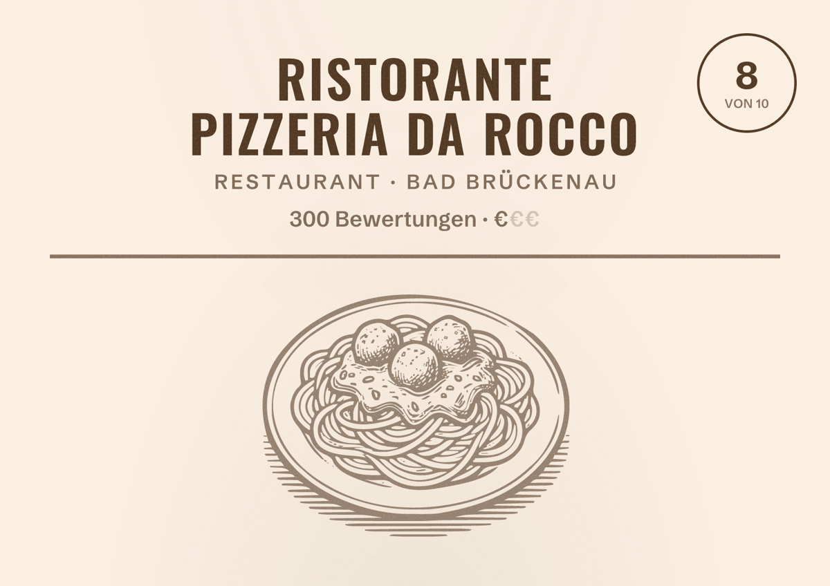 Illustriertes Poster von Ristorante Pizzeria Da Rocco, Restaurant in Bad Brückenau: Bewertung 8 von 10 aus 300 Bewertungen, Preisniveau €