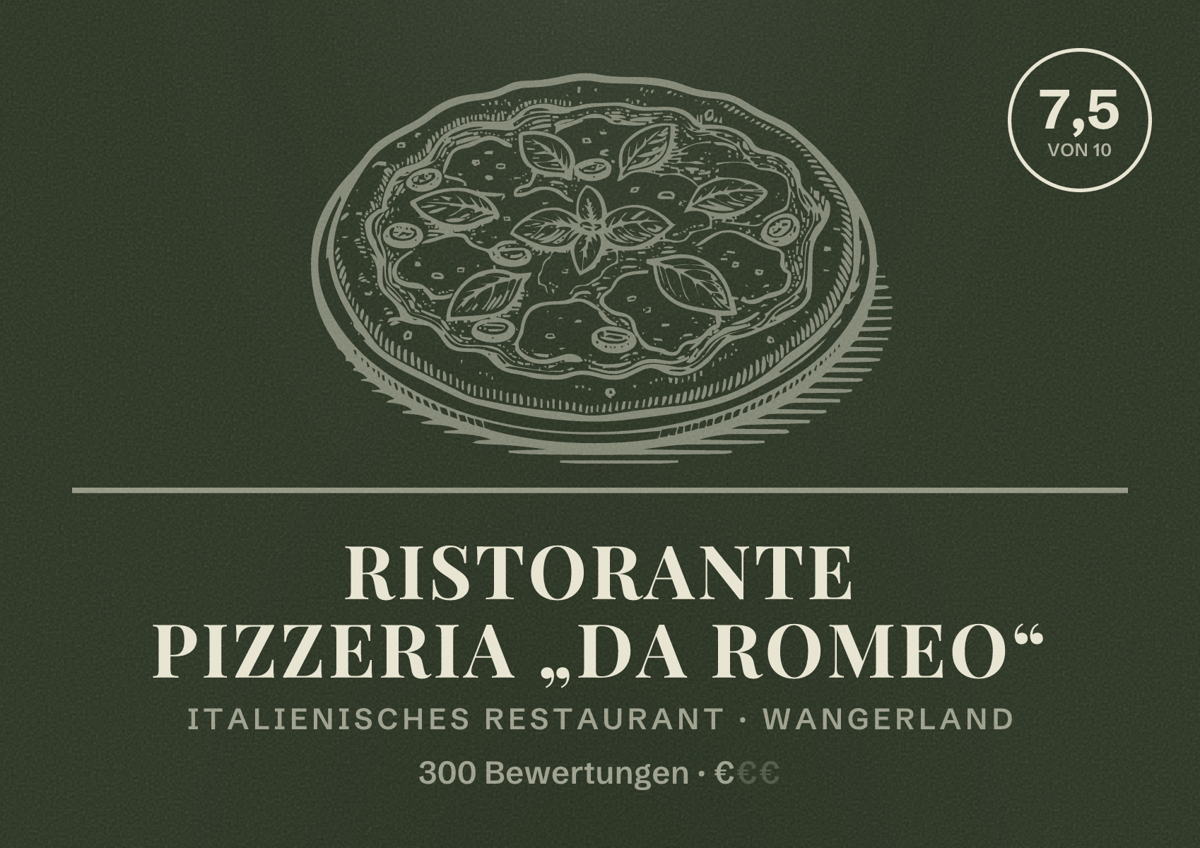 Illustriertes Poster von Ristorante Pizzeria „Da Romeo“, Italienisches Restaurant in Wangerland: Bewertung 7,5 von 10 aus 300 Bewertungen, Preisniveau €