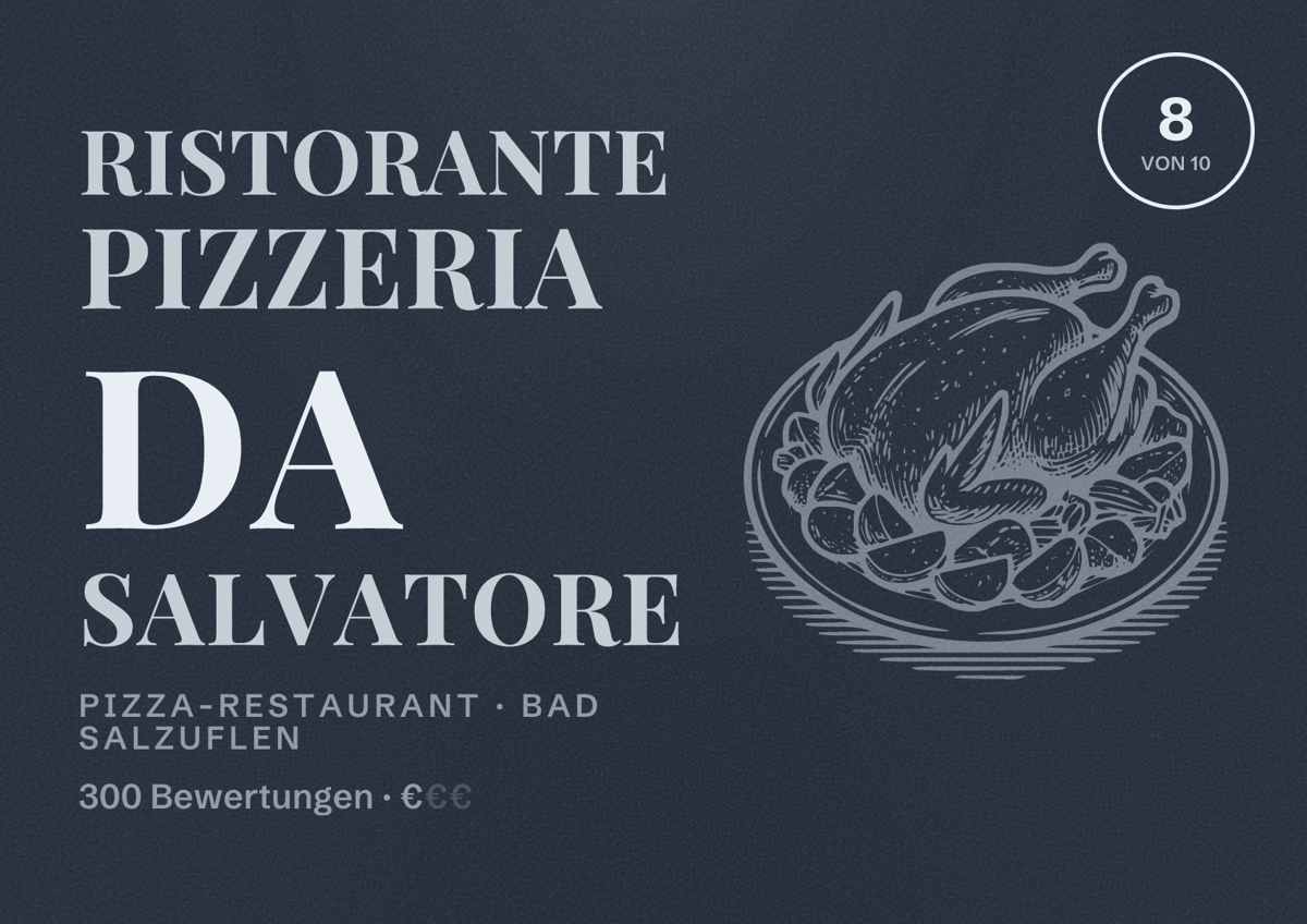 Illustriertes Poster von Ristorante Pizzeria Da Salvatore, Pizza-Restaurant in Bad Salzuflen: Bewertung 8 von 10 aus 300 Bewertungen, Preisniveau €