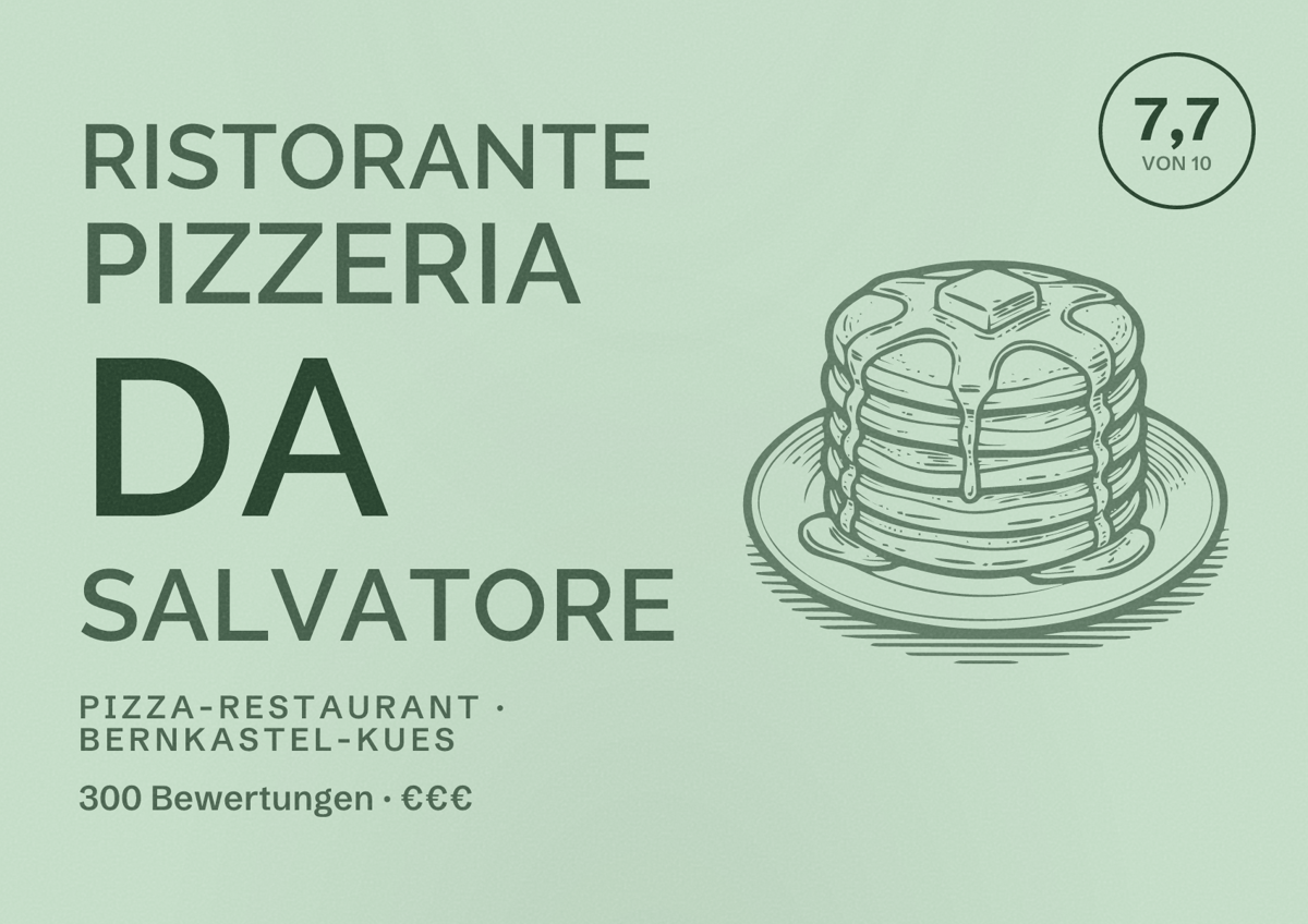 Illustriertes Poster von Ristorante Pizzeria Da Salvatore, Pizza-Restaurant in Bernkastel-Kues: Bewertung 7,7 von 10 aus 300 Bewertungen, Preisniveau €€€