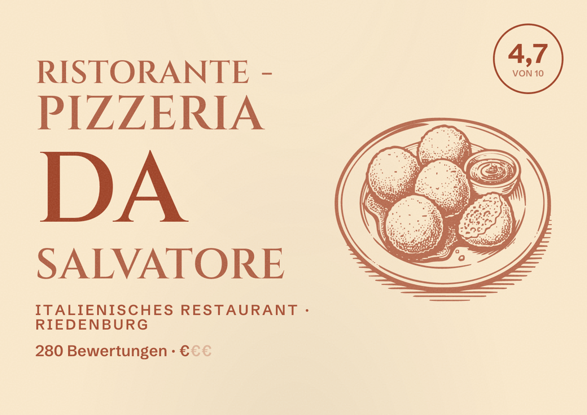 Illustriertes Poster von Ristorante - Pizzeria Da Salvatore, Italienisches Restaurant in Riedenburg: Bewertung 4,7 von 10 aus 280 Bewertungen, Preisniveau €