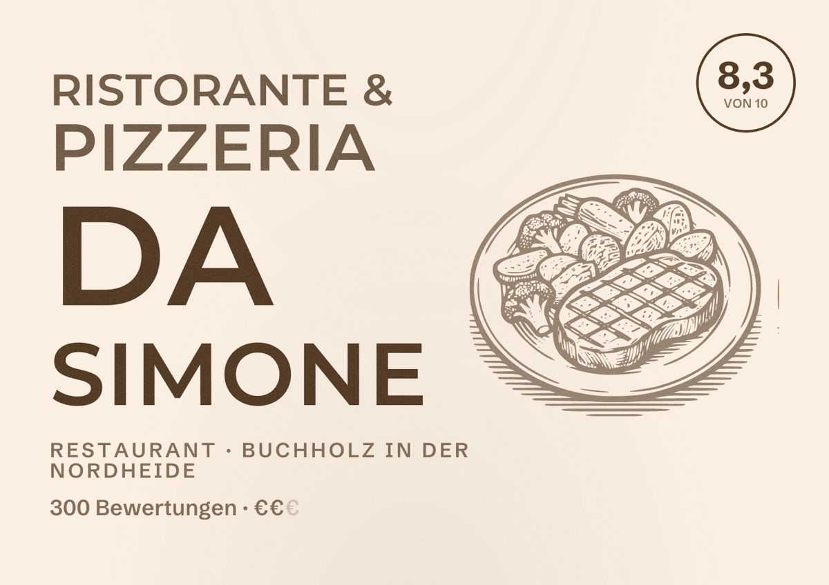 Illustriertes Poster von Ristorante & Pizzeria da Simone, Restaurant in Buchholz in der Nordheide: Bewertung 8,3 von 10 aus 300 Bewertungen, Preisniveau €€