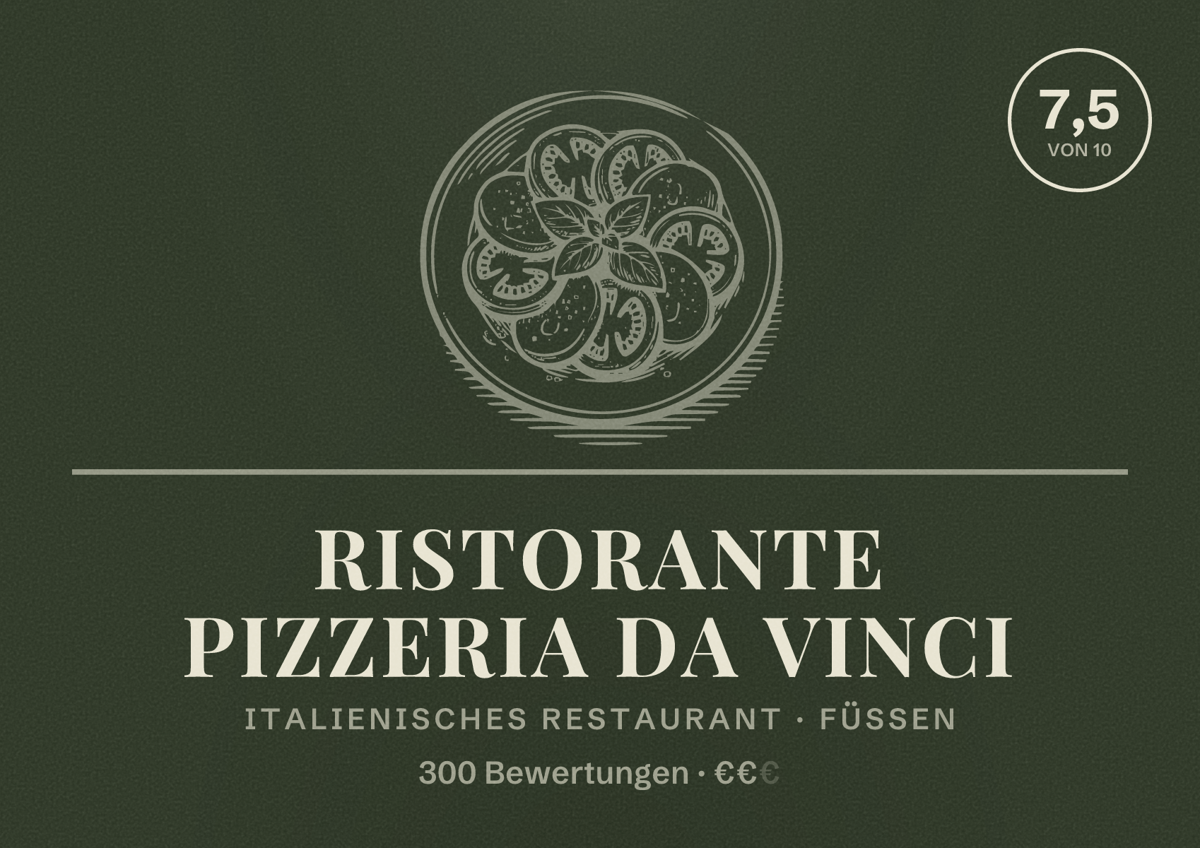 Illustriertes Poster von Ristorante Pizzeria Da Vinci, Italienisches Restaurant in Füssen: Bewertung 7,5 von 10 aus 300 Bewertungen, Preisniveau €€