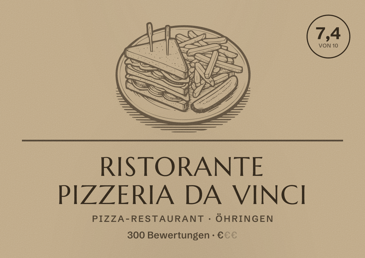 Illustriertes Poster von Ristorante Pizzeria Da Vinci, Pizza-Restaurant in Öhringen: Bewertung 7,4 von 10 aus 300 Bewertungen, Preisniveau €