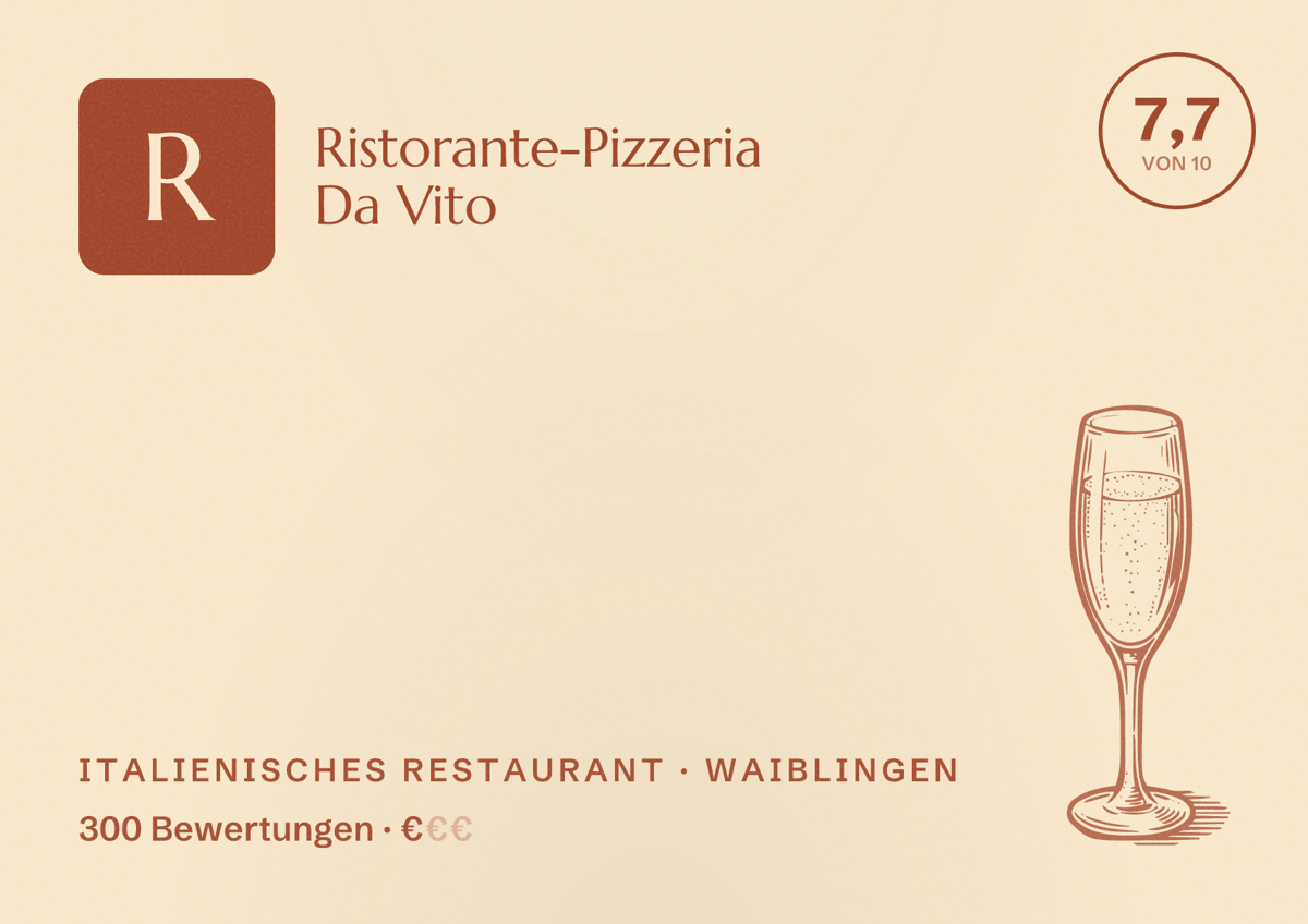 Illustriertes Poster von Ristorante-Pizzeria Da Vito, Italienisches Restaurant in Waiblingen: Bewertung 7,7 von 10 aus 300 Bewertungen, Preisniveau €