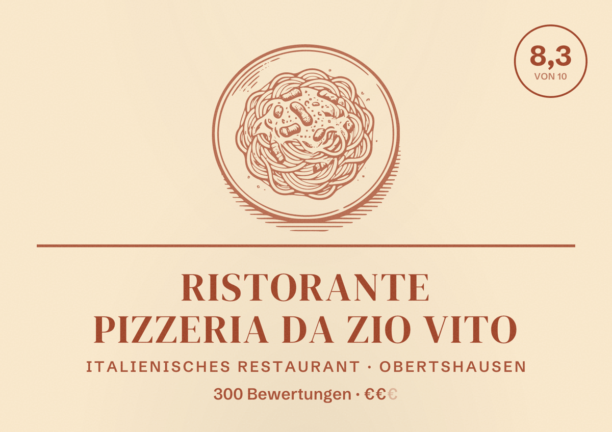 Illustriertes Poster von Ristorante Pizzeria Da Zio Vito, Italienisches Restaurant in Obertshausen: Bewertung 8,3 von 10 aus 300 Bewertungen, Preisniveau €€