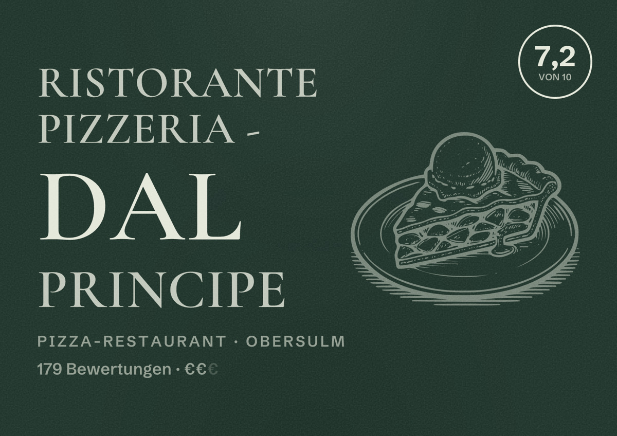 Illustriertes Poster von Ristorante Pizzeria - Dal Principe, Pizza-Restaurant in Obersulm: Bewertung 7,2 von 10 aus 179 Bewertungen, Preisniveau €€