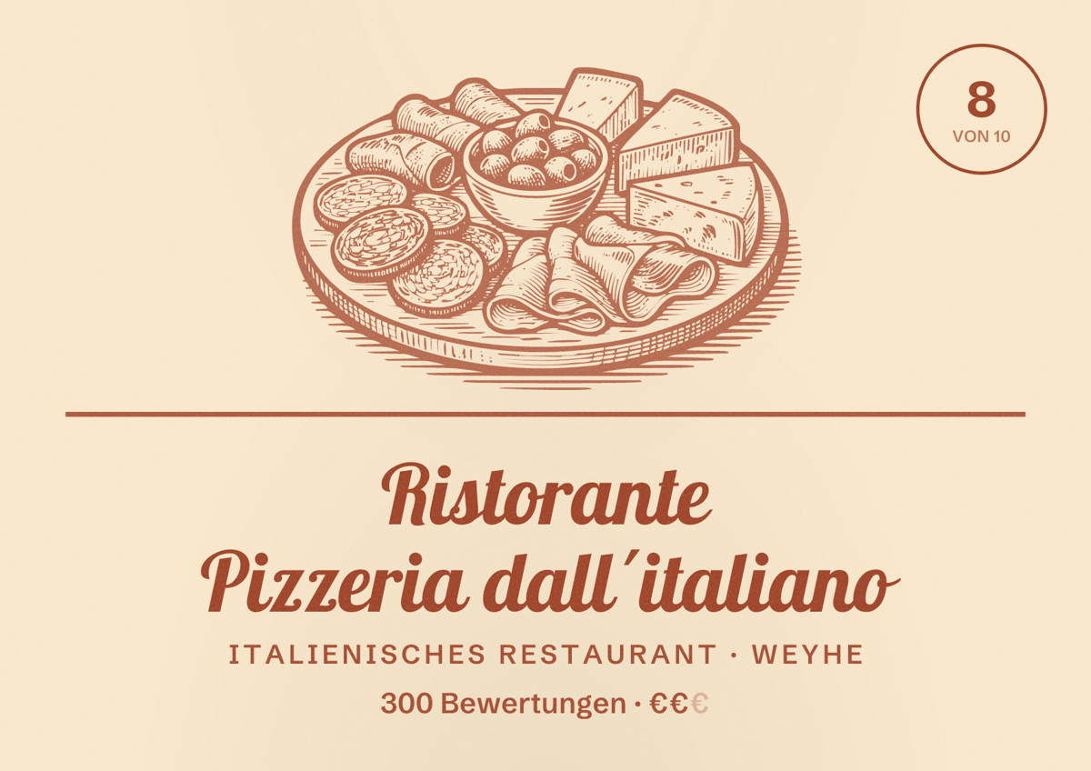 Illustriertes Poster von Ristorante Pizzeria dall´italiano, Italienisches Restaurant in Weyhe: Bewertung 8 von 10 aus 300 Bewertungen, Preisniveau €€