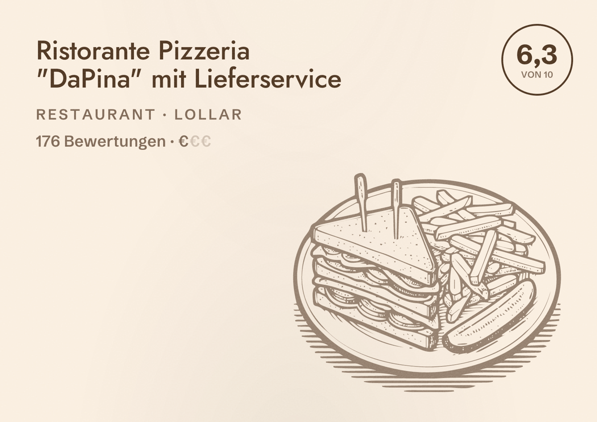 Illustriertes Poster von Ristorante Pizzeria "DaPina" mit Lieferservice, Restaurant in Lollar: Bewertung 6,3 von 10 aus 176 Bewertungen, Preisniveau €