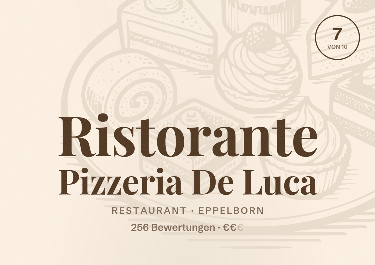 Illustriertes Poster von Ristorante Pizzeria De Luca, Restaurant in Eppelborn: Bewertung 7 von 10 aus 256 Bewertungen, Preisniveau €€