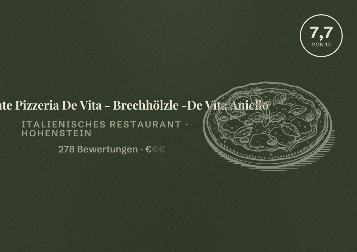 Illustriertes Poster von Ristorante Pizzeria De Vita - Brechhölzle -De Vita Aniello, Italienisches Restaurant in Hohenstein: Bewertung 7,7 von 10 aus 278 Bewertungen, Preisniveau €