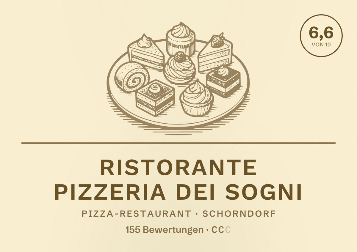 Illustriertes Poster von Ristorante Pizzeria Dei Sogni, Pizza-Restaurant in Schorndorf: Bewertung 6,6 von 10 aus 155 Bewertungen, Preisniveau €€