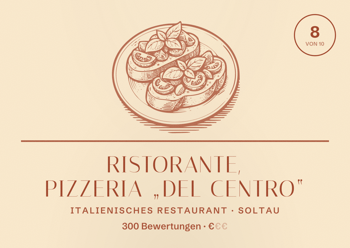 Illustriertes Poster von Ristorante, Pizzeria „Del Centro“, Italienisches Restaurant in Soltau: Bewertung 8 von 10 aus 300 Bewertungen, Preisniveau €