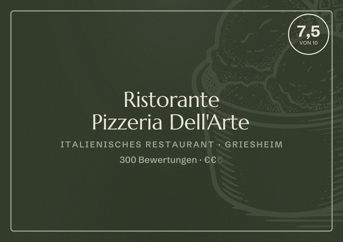 Illustriertes Poster von Ristorante Pizzeria Dell'Arte, Italienisches Restaurant in Griesheim: Bewertung 7,5 von 10 aus 300 Bewertungen, Preisniveau €€