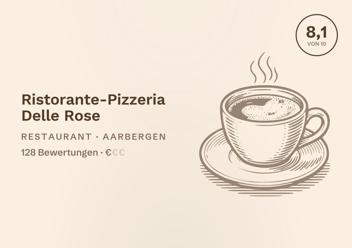 Illustriertes Poster von Ristorante-Pizzeria Delle Rose, Restaurant in Aarbergen: Bewertung 8,1 von 10 aus 128 Bewertungen, Preisniveau €