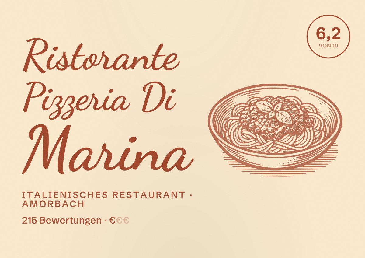 Illustriertes Poster von Ristorante Pizzeria Di Marina, Italienisches Restaurant in Amorbach: Bewertung 6,2 von 10 aus 215 Bewertungen, Preisniveau €