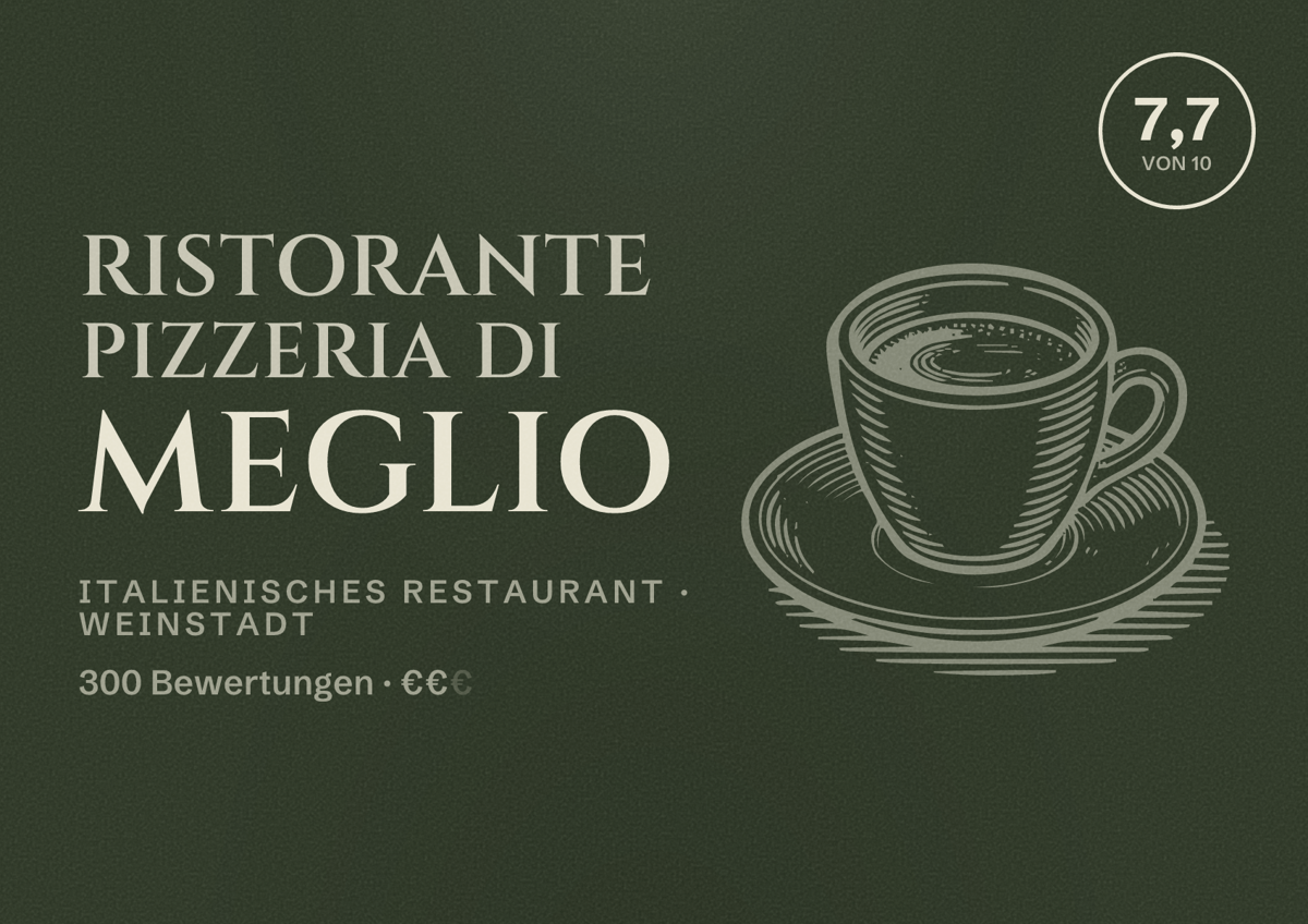 Illustriertes Poster von Ristorante Pizzeria Di Meglio, Italienisches Restaurant in Weinstadt: Bewertung 7,7 von 10 aus 300 Bewertungen, Preisniveau €€