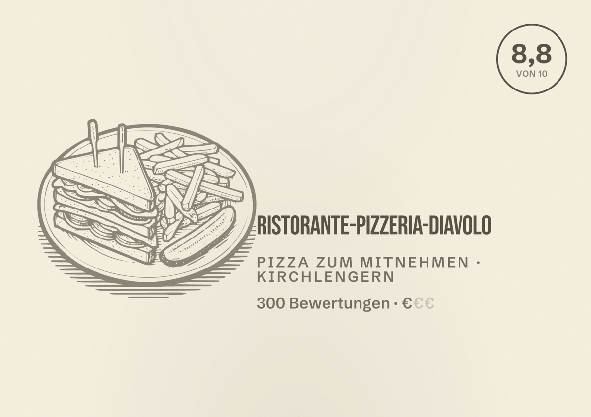 Illustriertes Poster von Ristorante-Pizzeria-Diavolo, Pizza zum Mitnehmen in Kirchlengern: Bewertung 8,8 von 10 aus 300 Bewertungen, Preisniveau €