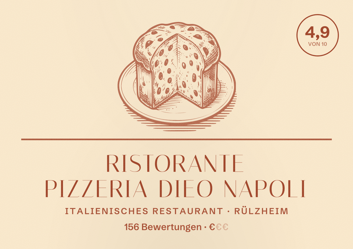 Illustriertes Poster von Ristorante Pizzeria Dieo Napoli, Italienisches Restaurant in Rülzheim: Bewertung 4,9 von 10 aus 156 Bewertungen, Preisniveau €