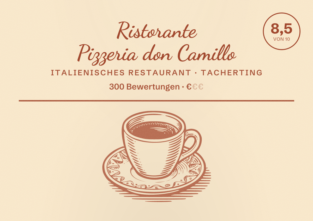 Illustriertes Poster von Ristorante Pizzeria don Camillo, Italienisches Restaurant in Tacherting: Bewertung 8,5 von 10 aus 300 Bewertungen, Preisniveau €